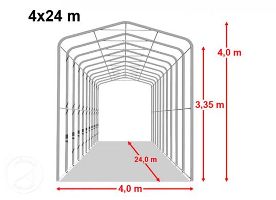 Гаражный павильон 4х24м - высота боковых стен 3,35м с воротами 3,5х3,5м, ПВХ 850, серый, установка - бетон