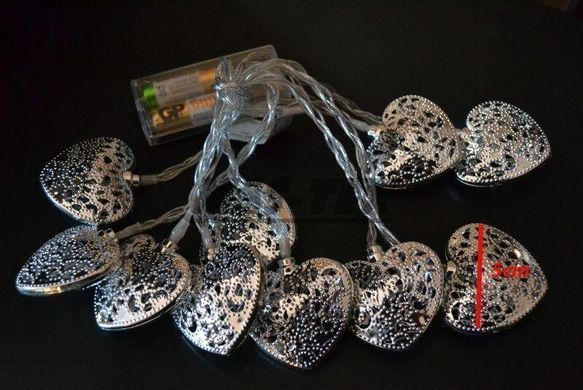 Новорічна гірлянда "Серця" 10 LED, Біле холодне світло, на пальчикових батарейках