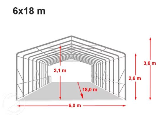 Гаражный павильон 6х18м - высота боковых стен 2,7м с воротами 4,1х2,9м, ПВХ 850, темно-зеленый, установка - бетон
