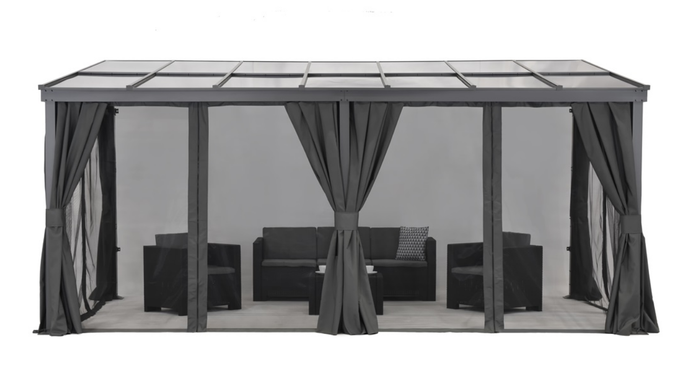 Алюминиевая крыша террасы 3 x 5 м со шторами и москитными сетками антрацит
