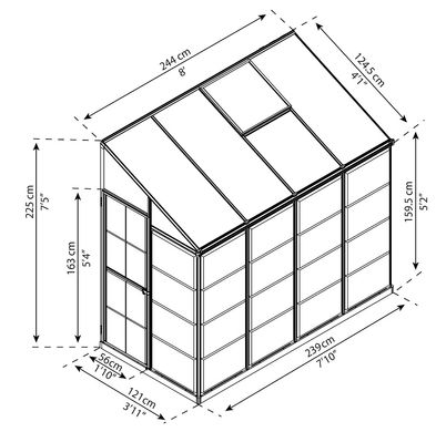 Навесная теплица Lean To Hybrid из поликарбоната 1,24 x 2,44 м Palram - Canopia silver, Прозрачный, 1,24 х 2,44, 244,4, 225