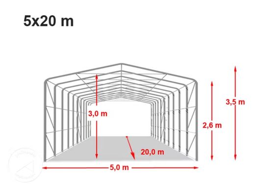 Гаражный павильон 5х20м - высота боковых стен 2,7м с воротами 4,1х2,5м, ПВХ 850, серый