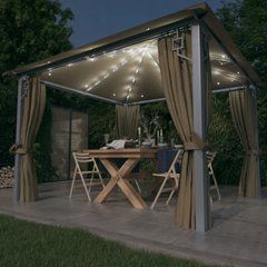 Беседка со шторами и светодиодной подсветкой, 3x3 м, серо-коричневая, алюминиевая.